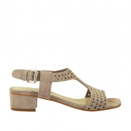 Sandalia para mujer en gamuza perforada gris perla tacon 3 - Tallas disponibles:  43, 44