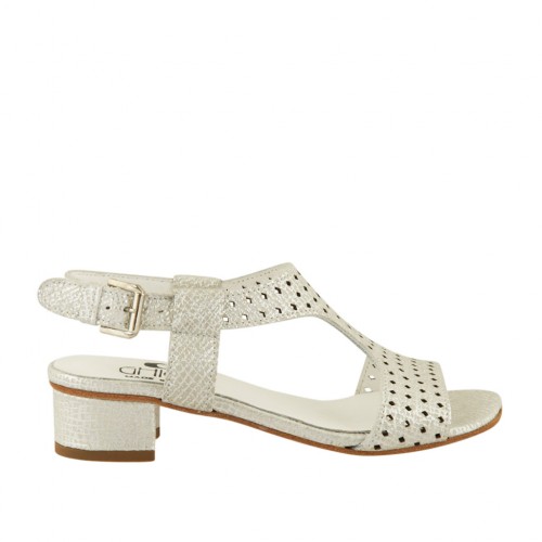 Sandalo da donna in pelle forata stampata argento tacco 3 - Misure disponibili: 43, 44