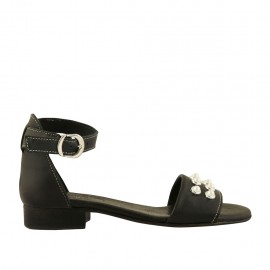 Chaussure ouverte pour femmes en cuir noir avec courroie et perles talon 2 - Pointures disponibles:  32, 33, 43, 44, 45