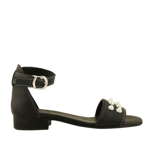 Scarpa aperta da donna in pelle nera con cinturino e perle tacco 2 - Misure disponibili: 32, 33, 43, 44, 45
