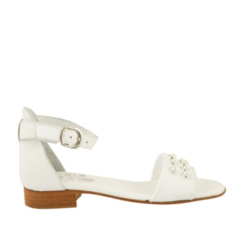 Scarpa aperta da donna in pelle bianca con cinturino e perle tacco 2 - Misure disponibili: 32, 33, 34, 43, 44