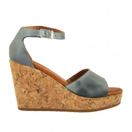 Chaussure ouverte pour femmes avec courroie et plateforme en cuir bleu gris talon compensé 9 - Pointures disponibles:  43, 44