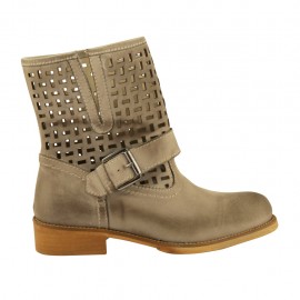 Stivaletto da donna con fibbia in pelle e pelle traforata taupe tacco 3 - Misure disponibili: 32, 33