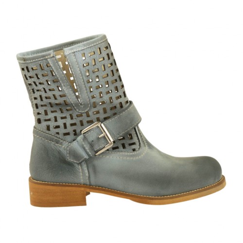 Damenstiefelette mit Schnalle aus blaugrauem Leder und perforiertem Leder Absatz 3 - Verfügbare Größen:  33