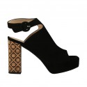 Woman's sandal in black suede with ankle strap, platform and heel 9 in printed cork