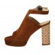 Woman's sandal in tobacco suede with ankle strap, platform and heel 9 in printed cork - Available sizes:  31, 34, 42