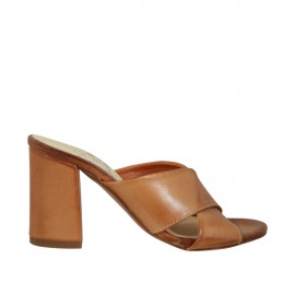 Woman's open mules in tan leather heel 7 - Available sizes:  43