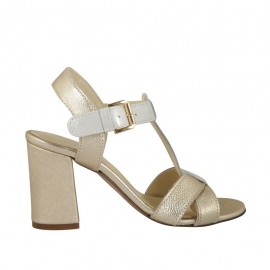 Sandalo da donna con cinturino in pelle platino e camoscio stampato grigio tacco 7 - Misure disponibili: 32, 33