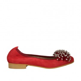 Woman's ballerina shoe in red suede with pompom and rhinestones heel 2 - Available sizes:  33