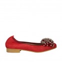 Ballerina da donna in camoscio rosso con pon-pon e strass tacco 2