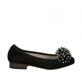 Woman's ballerina shoe in black suede with pompom and rhinestones heel 2 - Available sizes:  33