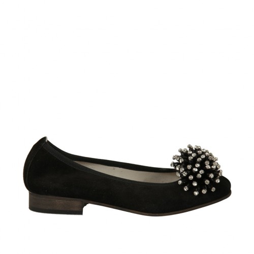 Ballerina da donna in camoscio nero con pon-pon e strass tacco 2 - Misure disponibili: 33