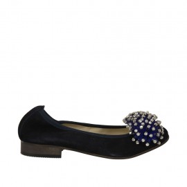 Ballerina da donna in camoscio blu con pon-pon e strass tacco 2 - Misure disponibili: 33
