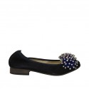 Woman's ballerina shoe in blue suede with pompom and rhinestones heel 2