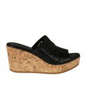Woman's open mules in black pierced leather with platform and wedge heel 7
