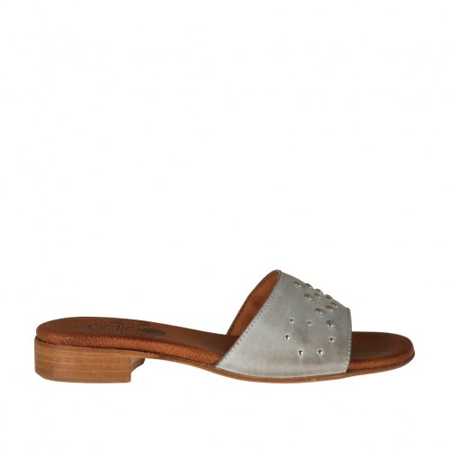 Offene Damenpantolette aus grauem Leder mit Nieten Absatz 2 - Verfügbare Größen:  32, 33, 42, 43, 44
