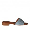 Woman's open mules in blue grey leather with studs heel 2