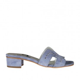 Woman's open mules in blue grey suede with studs heel 3 - Available sizes:  43