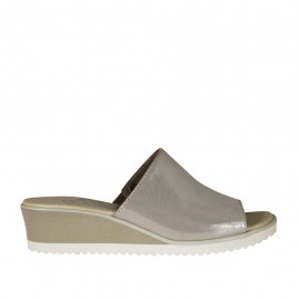 Woman's open mules in taupe glittered printed leather wedge heel 4 - Available sizes:  43