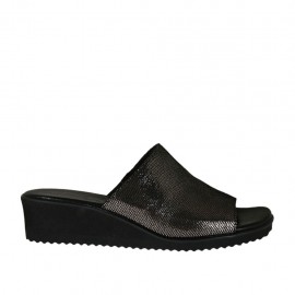 Woman's open mules in silver grey glittered printed leather wedge heel 4 - Available sizes:  42, 43