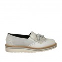 Woman's moccasin shoe with fringes, elastic bands and tassels in white leather and silver printed leather wedge heel 3