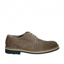 Men's casual laced derby shoe with Brogue decorations in taupe suede and printed suede