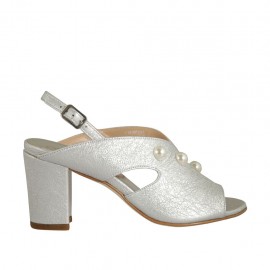 Sandalo da donna con perle in pelle laminata argento tacco 7 - Misure disponibili: 32, 33, 34, 43