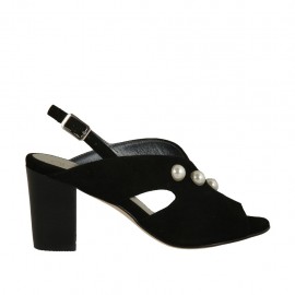 Sandalo da donna con perle in camoscio nero tacco 7 - Misure disponibili: 32, 34, 42, 43, 44, 45