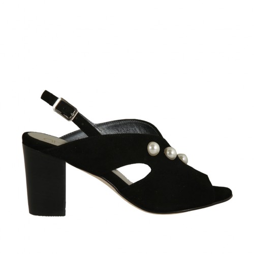 Sandale pour femmes avec perles en daim noir talon 7 - Pointures disponibles:  32, 34, 42, 43, 45