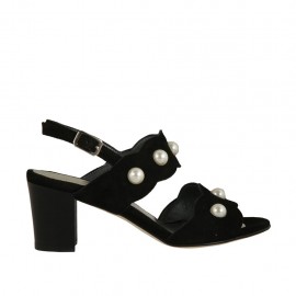 Sandalo da donna con perle in camoscio nero tacco 6 - Misure disponibili: 33, 34, 43, 45