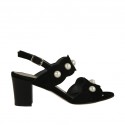 Woman's sandal with pearls in black suede heel 6