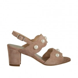 Sandalo da donna con perle in camoscio rosa tacco 6 - Misure disponibili: 32, 34, 42, 43, 45