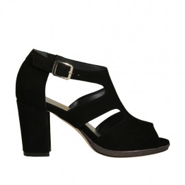 Escarpin ouvert avec courroie et plateforme en daim noir et talon 8 - Pointures disponibles:  32