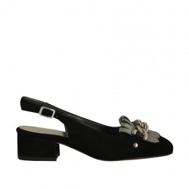 Slingback für Damen mit Fransen und Kette aus schwarzem Wildleder und silverlaminiertem laminiertem Leder Absatz 3 - Verfügbare Größen:  32, 34