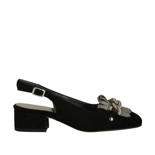 Slingback für Damen mit Fransen und Kette aus schwarzem Wildleder und silverlaminiertem laminiertem Leder Absatz 3 - Verfügbare Größen:  32, 34