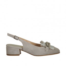 Slingback für Damen mit Fransen und Kette aus grauem Wildleder und silverlaminiertem laminiertem Leder Absatz 3 - Verfügbare Größen:  33