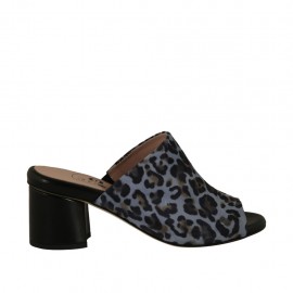 Sabot aperto da donna in camoscio stampato blu e pelle nera tacco 5 - Misure disponibili: 43