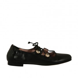 Ballerina da donna con bottoni con strass e lacci in pelle nera tacco 1 - Misure disponibili: 33