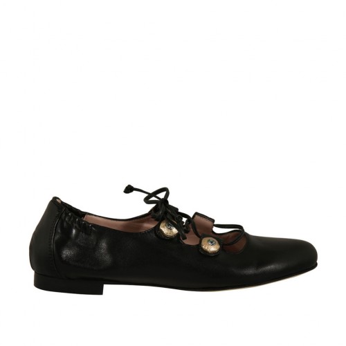 Ballerina da donna con bottoni con strass e lacci in pelle nera tacco 1 - Misure disponibili: 33, 34
