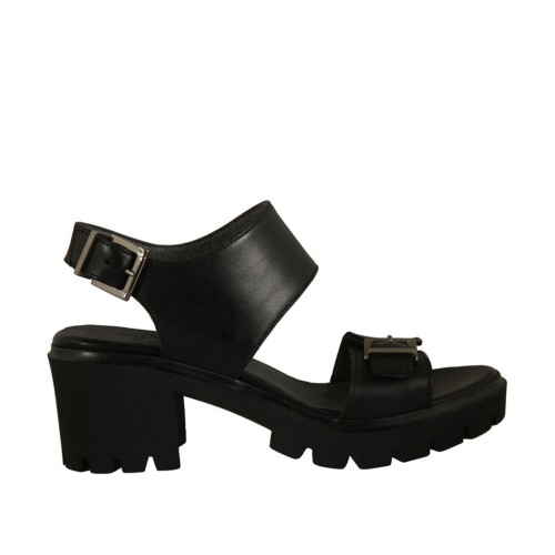 Sandalo da donna con fibbie in pelle nera tacco 6 - Misure disponibili: 42, 44