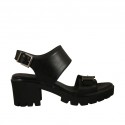 Woman's sandal in black leather with buckles heel 6