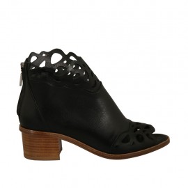 Scarpa accollata aperta in punta da donna con cerniera in pelle e pelle forata nera tacco 4 - Misure disponibili: 34, 43, 45