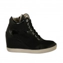 Zapato para mujer con cordones y cremallera en piel, charol y tejido negro cuña 6