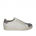 Woman's laced shoe in white leather and multicolored floral printed suede with removable insole wedge heel 2