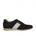 Men's laced casual shoe in white and blue leather and blue fabric