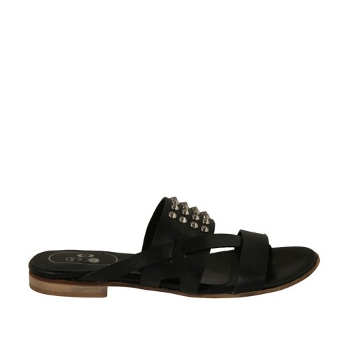 Woman's thong mules with studs in black leather heel 1 - Available sizes:  42, 43