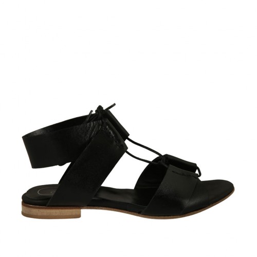 Sandalia para mujer con cordones en piel negra tacon 1 - Tallas disponibles:  33