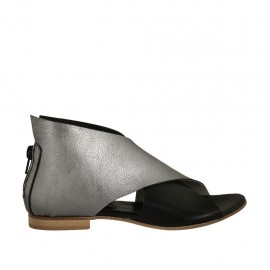 Chaussure ouverte pour femmes avec fermeture éclair en cuir noir et lamé argent talon 1 - Pointures disponibles:  33, 34