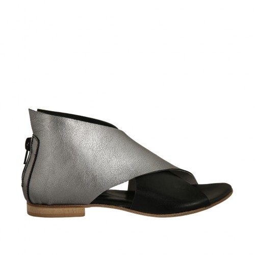 Scarpa aperta da donna con cerniera in pelle nera e laminata argento tacco 1 - Misure disponibili: 33, 34