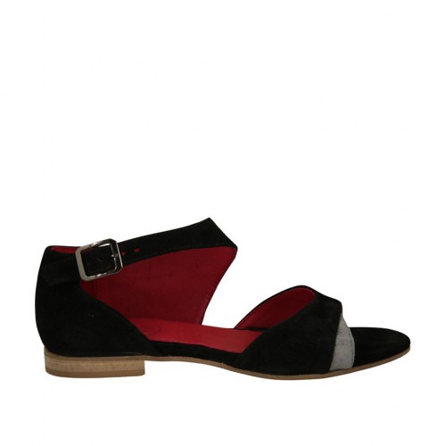 Scarpa aperta da donna con cinturino in camoscio nero e grigio tacco 1 - Misure disponibili: 33, 34, 43